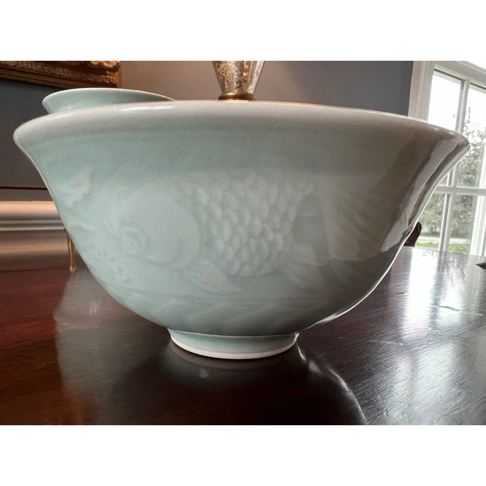 Longquan Celadon Koi Fish Rice Soup Bowls, Sauce Plates, Soup Spoons 18 Pieces